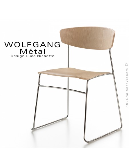 chaise WOLFGANG Métal, structure et piétement chromé, assise et dossier chêne naturel huilé.