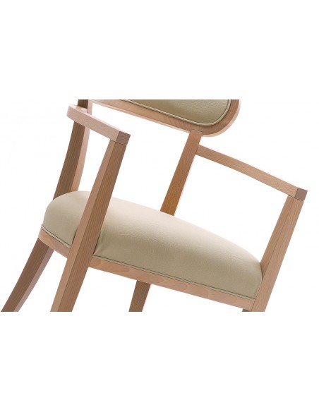 VICTORIA fauteuil dos garnie, finition bois hêtre naturel, habillage tissu gamme T1/310, aspect cuir.