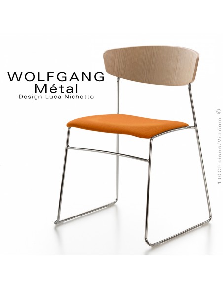 Chaise WOLFGANG Métal, piétement acier chromé, assise habillage tissu orange, dossier chêne naturel.