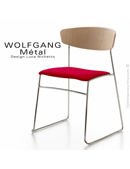 Chaise WOLFGANG Métal, piétement acier chromé, assise habillage tissu rouge, dossier chêne naturel.