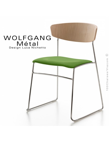 Chaise WOLFGANG Métal, piétement acier chromé, assise habillage tissu vert, dossier chêne naturel.