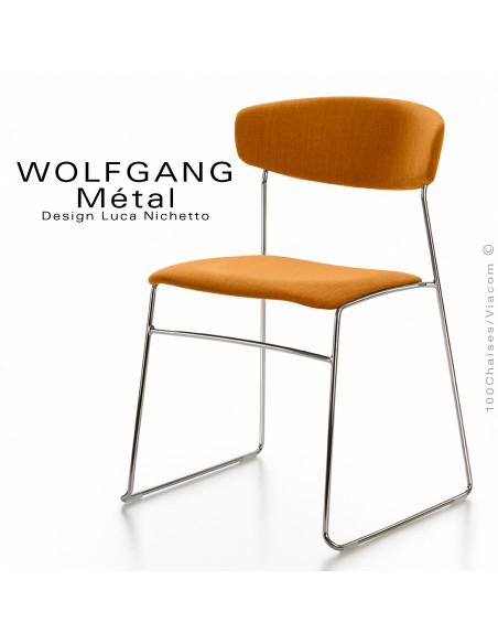 Chaise WOLFGANG Métal, piétement acier chromé, assise et dossier garnis, habillage tissu orange.