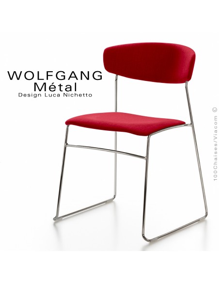 Chaise WOLFGANG Métal, piétement acier chromé, assise et dossier garnis, habillage tissu rouge.