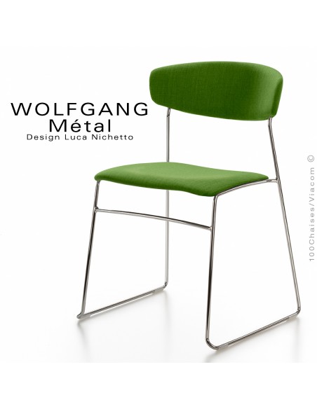 Chaise WOLFGANG Métal, piétement acier chromé, assise et dossier garnis, habillage tissu vert.