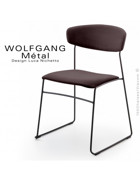 Chaise WOLFGANG Métal, piétement acier peint noir, assise et dossier habillage tissu couleur chocolat.