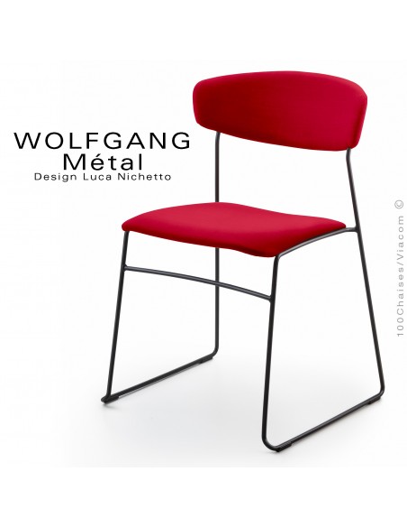 Chaise WOLFGANG Métal, piétement acier peint noir, assise et dossier habillage tissu couleur rouge.