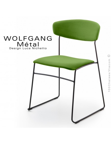 Chaise WOLFGANG Métal, piétement acier peint noir, assise et dossier habillage tissu couleur vert.