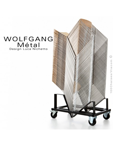 Chaise empilable WOLFGANG Métal, piétement acier peint blanc, assise habillage tissu, dossier chêne massif.