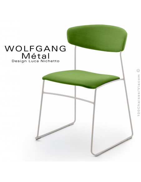 Chaise WOLFGANG Métal, piétement acier peint blanc, assise et dossier habillage tissu couleur vert.