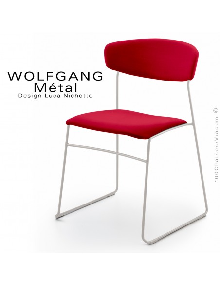 Chaise WOLFGANG Métal, piétement acier peint blanc, assise et dossier habillage tissu couleur rouge.