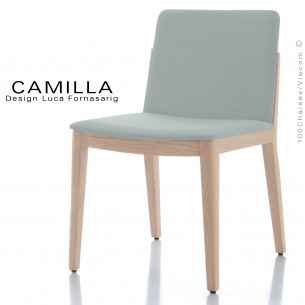 Chaise de restaurant GAIA, structure bois blanchie, assise et dossier habillage tissu King-L-Kat, couleur glace.