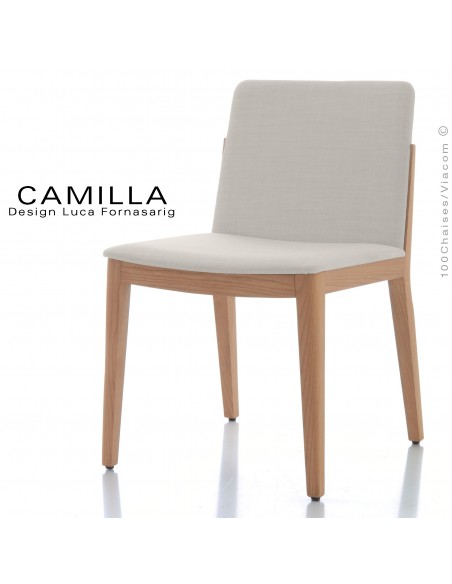 Chaise de restaurant GAIA, structure bois naturel, assise et dossier habillage tissu King-L-Kat, couleur blanc.