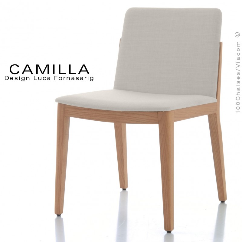 Chaise de restaurant GAIA, structure bois naturel, assise et dossier habillage tissu King-L-Kat, couleur blanc.