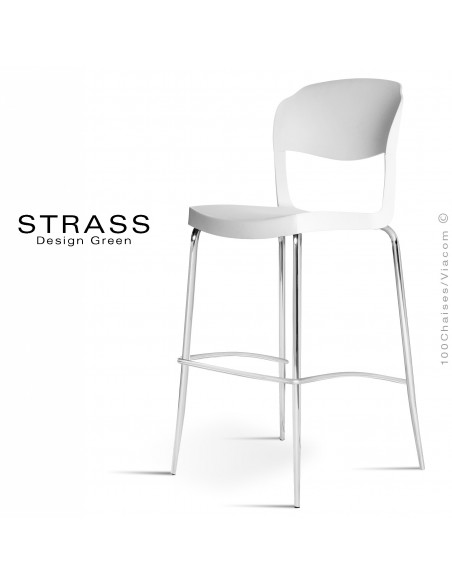 Tabouret de bar STRASS, assise plastique, piétement chromé - Lot de 4 pièces, couleur blanc.