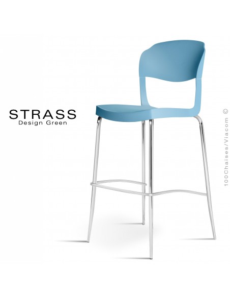 Tabouret de bar STRASS, assise plastique, piétement chromé - Lot de 4 pièces, couleur bleu Pacifique.