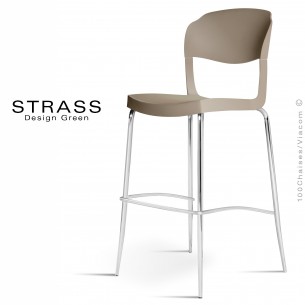 Tabouret de bar STRASS, assise plastique, piétement chromé - Lot de 4 pièces, couleur gris tourtrelle.