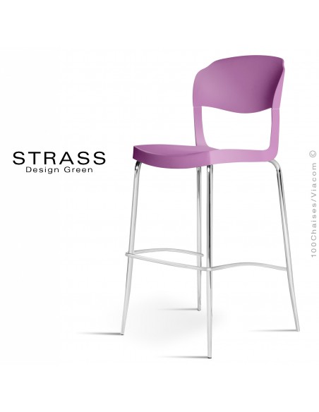Tabouret de bar STRASS, assise plastique, piétement chromé - Lot de 4 pièces, couleur prune.