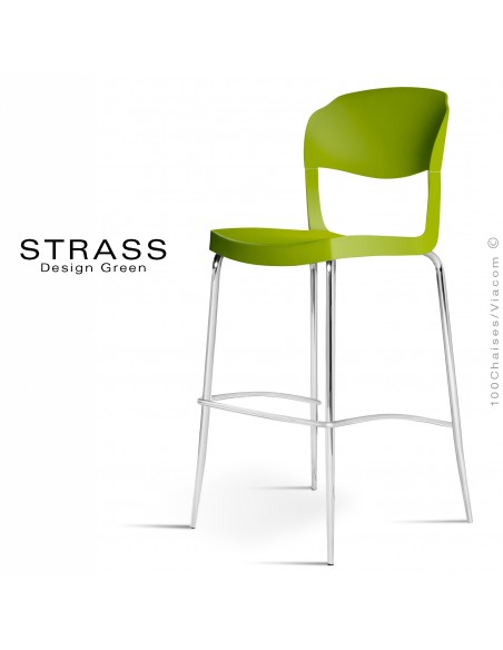 Tabouret de bar STRASS, assise plastique, piétement chromé - Lot de 4 pièces, couleur vert.