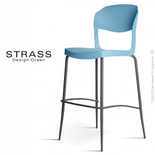 Tabouret de bar STRASS, assise plastique, piétement peint anthacite - Lot de 4 pièces, assise couleur bleu Pacifique.