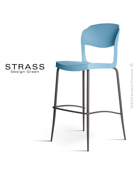Tabouret de bar STRASS, assise plastique, piétement peint anthacite - Lot de 4 pièces, assise couleur bleu Pacifique.