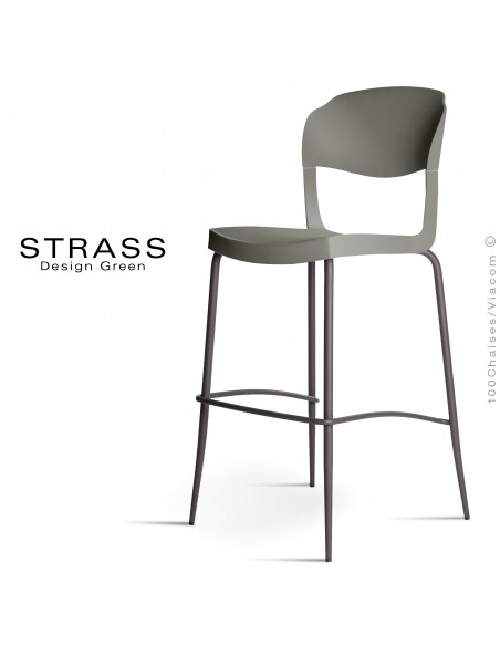 Tabouret de bar STRASS, assise plastique, piétement peint anthacite - Lot de 4 pièces, assise couleur anthracite.