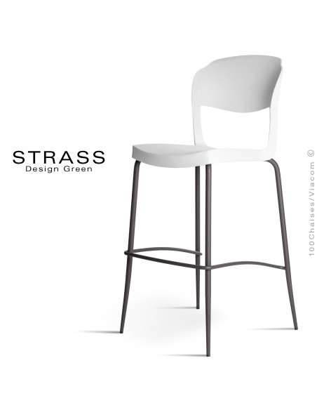 Tabouret de bar STRASS, assise plastique, piétement peint anthacite - Lot de 4 pièces, assise couleur blanche.