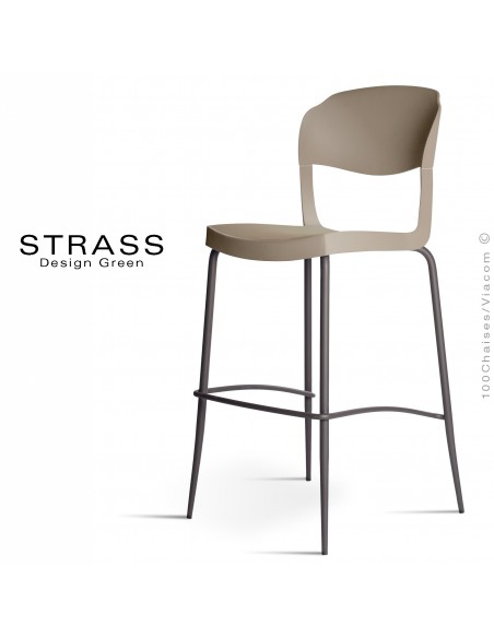 Tabouret de bar STRASS, assise plastique, piétement peint anthacite - Lot de 4 pièces, assise couleur gris tourterelle.