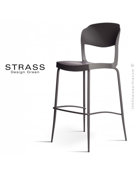 Tabouret de bar STRASS, assise plastique, piétement peint anthacite - Lot de 4 pièces, assise couleur noir.