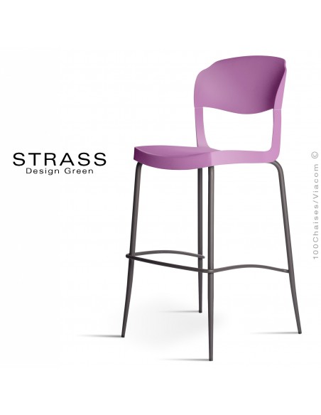 Tabouret de bar STRASS, assise plastique, piétement peint anthacite - Lot de 4 pièces, assise couleur prune.