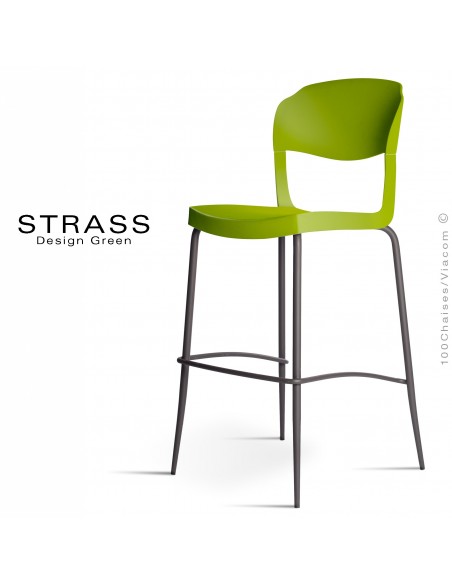 Tabouret de bar STRASS, assise plastique, piétement peint anthacite - Lot de 4 pièces, assise couleur verte.