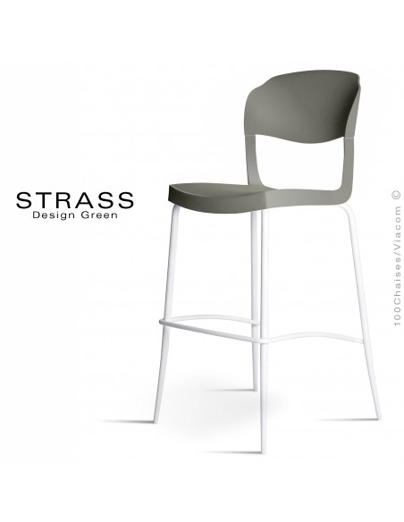 Tabouret de bar STRASS, assise plastique, piétement peint blanc - Lot de 4 pièces, assise couleur anthracite.