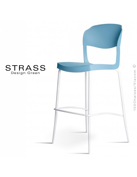 Tabouret de bar STRASS, assise plastique, piétement peint blanc - Lot de 4 pièces, assise couleur bleu Pacifique.
