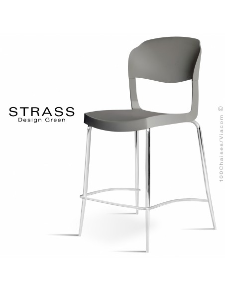Tabouret de cuisine STRASS, assise plastique, piétement chromé - Lot de 4 pièces, assise couleur anthracite.