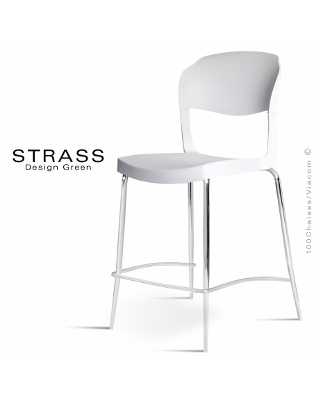 Tabouret de cuisine STRASS, assise plastique, piétement chromé - Lot de 4 pièces, assise couleur blanche.