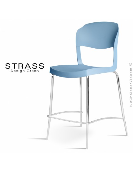 Tabouret de cuisine STRASS, assise plastique, piétement chromé - Lot de 4 pièces, assise couleur bleu Pacifique.