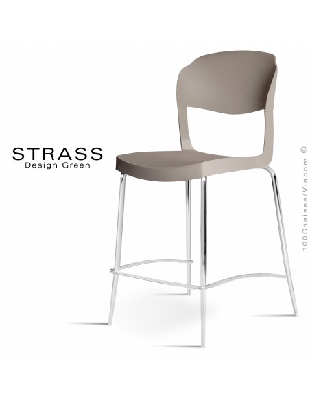Tabouret de cuisine STRASS, assise plastique, piétement chromé - Lot de 4 pièces, assise couleur gris tourterelle.