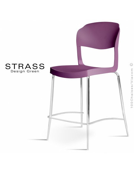 Tabouret de cuisine STRASS, assise plastique, piétement chromé - Lot de 4 pièces, assise couleur prune.