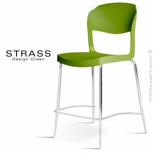 Tabouret de cuisine STRASS, assise plastique, piétement chromé - Lot de 4 pièces, assise couleur verte.
