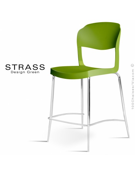 Tabouret de cuisine STRASS, assise plastique, piétement chromé - Lot de 4 pièces, assise couleur verte.