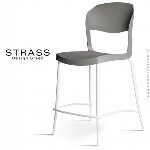 Tabouret de cuisine STRASS, assise plastique, piétement peint blanc - Lot de 4 pièces, assise couleur anthracite.