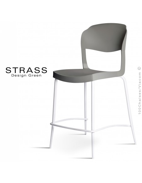 Tabouret de cuisine STRASS, assise plastique, piétement peint blanc - Lot de 4 pièces, assise couleur anthracite.
