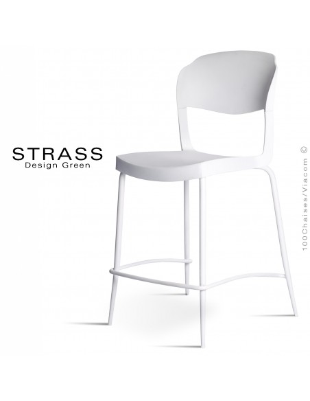 Tabouret de cuisine STRASS, assise plastique, piétement peint  blanc - Lot de 4 pièces, assise couleur blanche.
