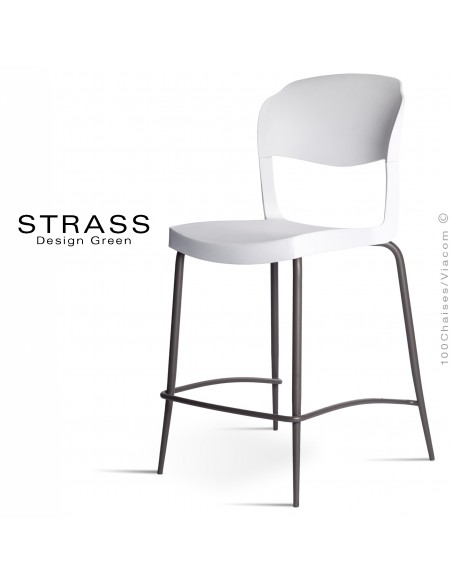 Tabouret de cuisine STRASS, assise plastique, piétement peint anthracite - Lot de 4 pièces, assise couleur blanche.