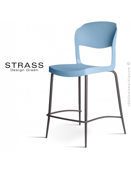 Tabouret de cuisine STRASS, assise plastique, piétement peint anthracite - Lot de 4 pièces, assise couleur bleu Pacifique.