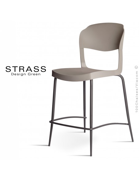 Tabouret de cuisine STRASS, assise plastique, piétement peint anthracite - Lot de 4 pièces, assise couleur gris tourterelle.