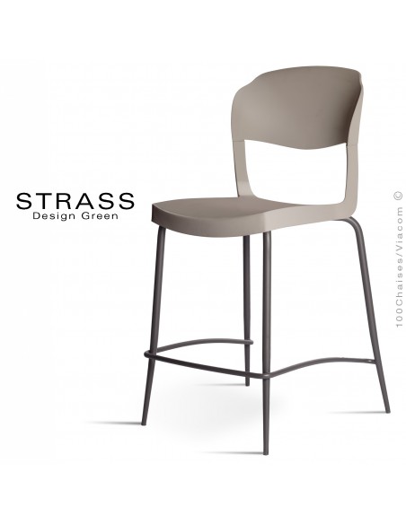 Tabouret de cuisine STRASS, assise plastique, piétement peint anthracite - Lot de 4 pièces, assise couleur gris tourterelle.