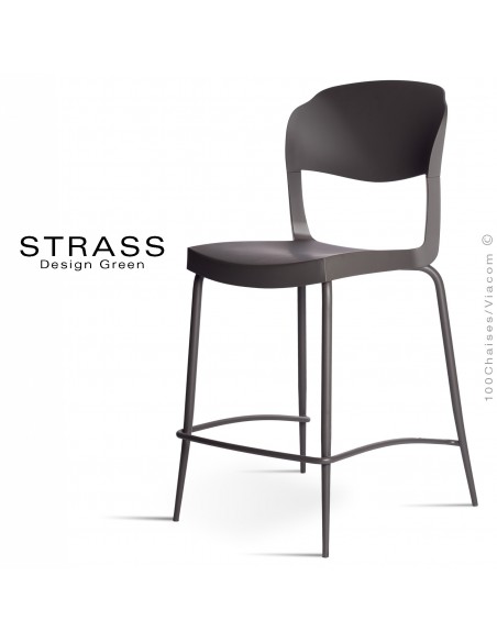 Tabouret de cuisine STRASS, assise plastique, piétement peint anthracite - Lot de 4 pièces, assise couleur noire.