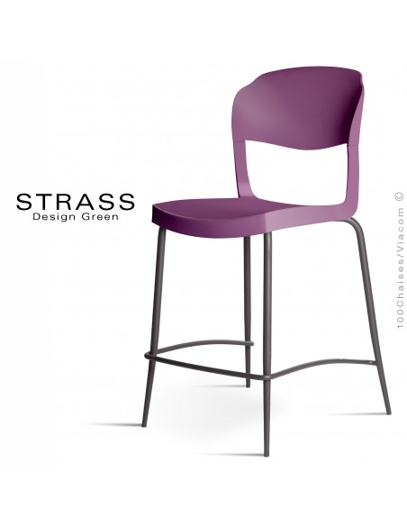 Tabouret de cuisine STRASS, assise plastique, piétement peint anthracite - Lot de 4 pièces, assise couleur prune.