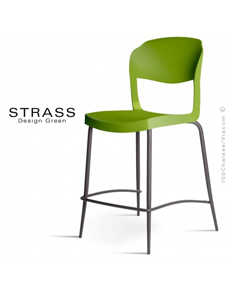 Tabouret de cuisine STRASS, assise plastique, piétement peint anthracite - Lot de 4 pièces, assise couleur verte.