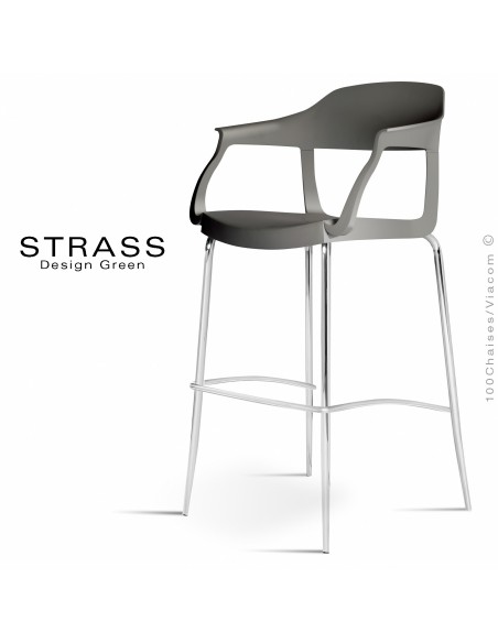 Tabouret de bar STRASS, assise plastique avec accoudoirs, piétement chromé - Lot de 4 pièces, assise couleur anthracite.